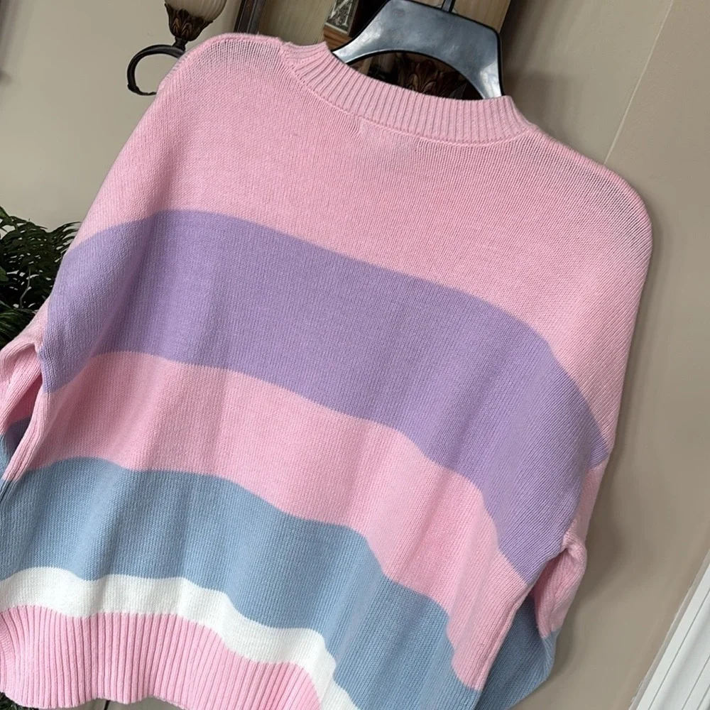 NWT Sincerely Jules Knit Pink Pastel Ski Sweater Crew Neck Oversized Stripes